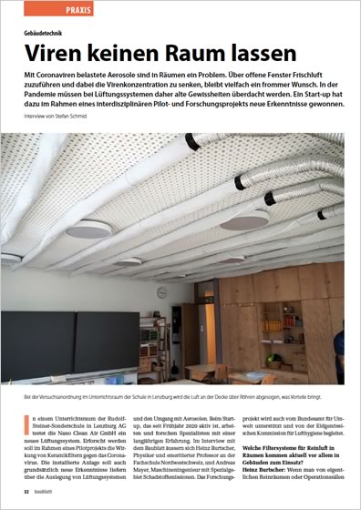 Viren keinen Raum lassen, Artikel im Baublatt, Jan. 2022