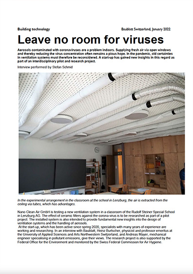 Leave no room for viruses, translation of article in Baublatt, Jan. 2022